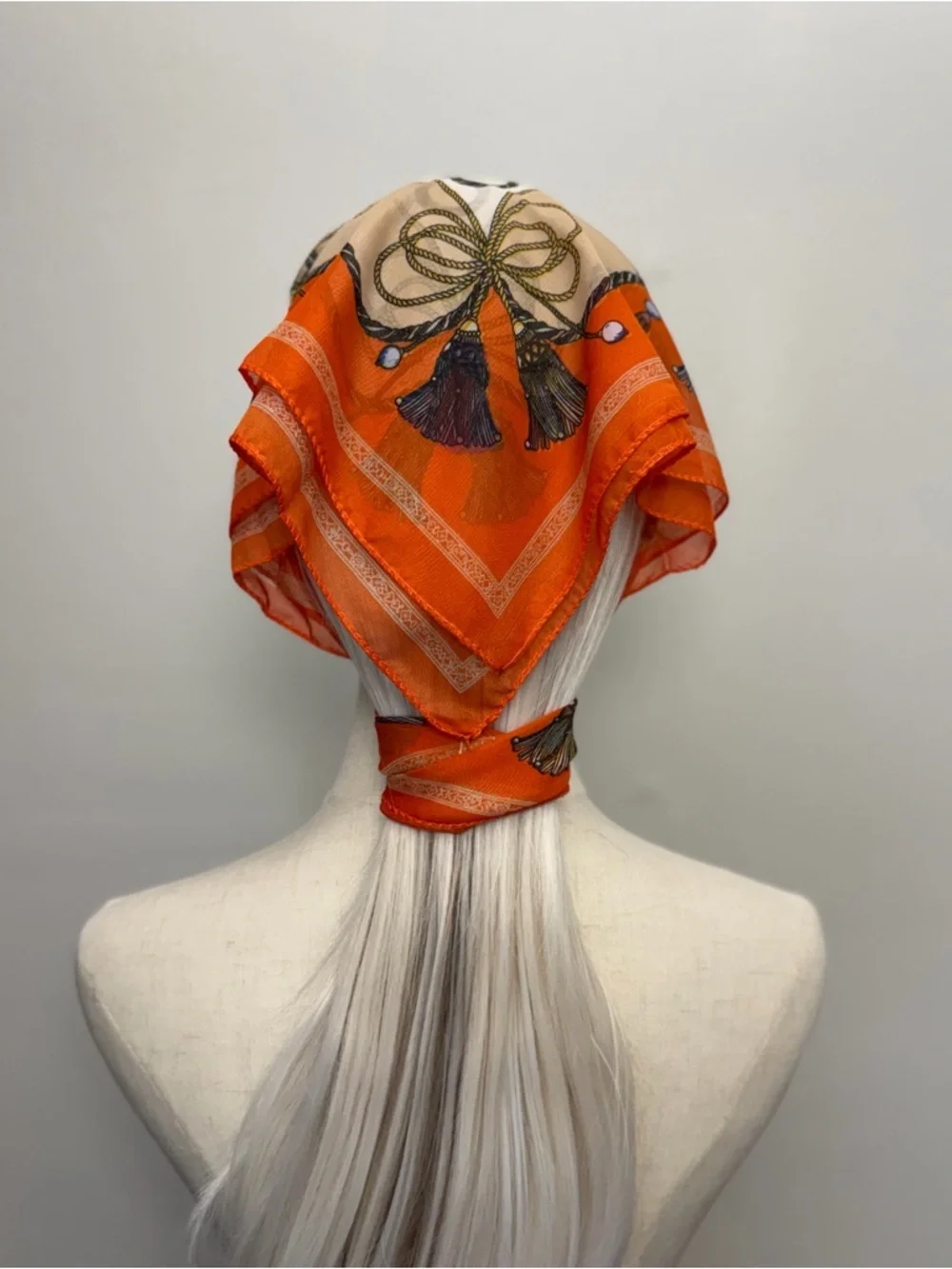 Orange Square Scarf Rope & Tassel Print Magnetic Corners 23” Luxury